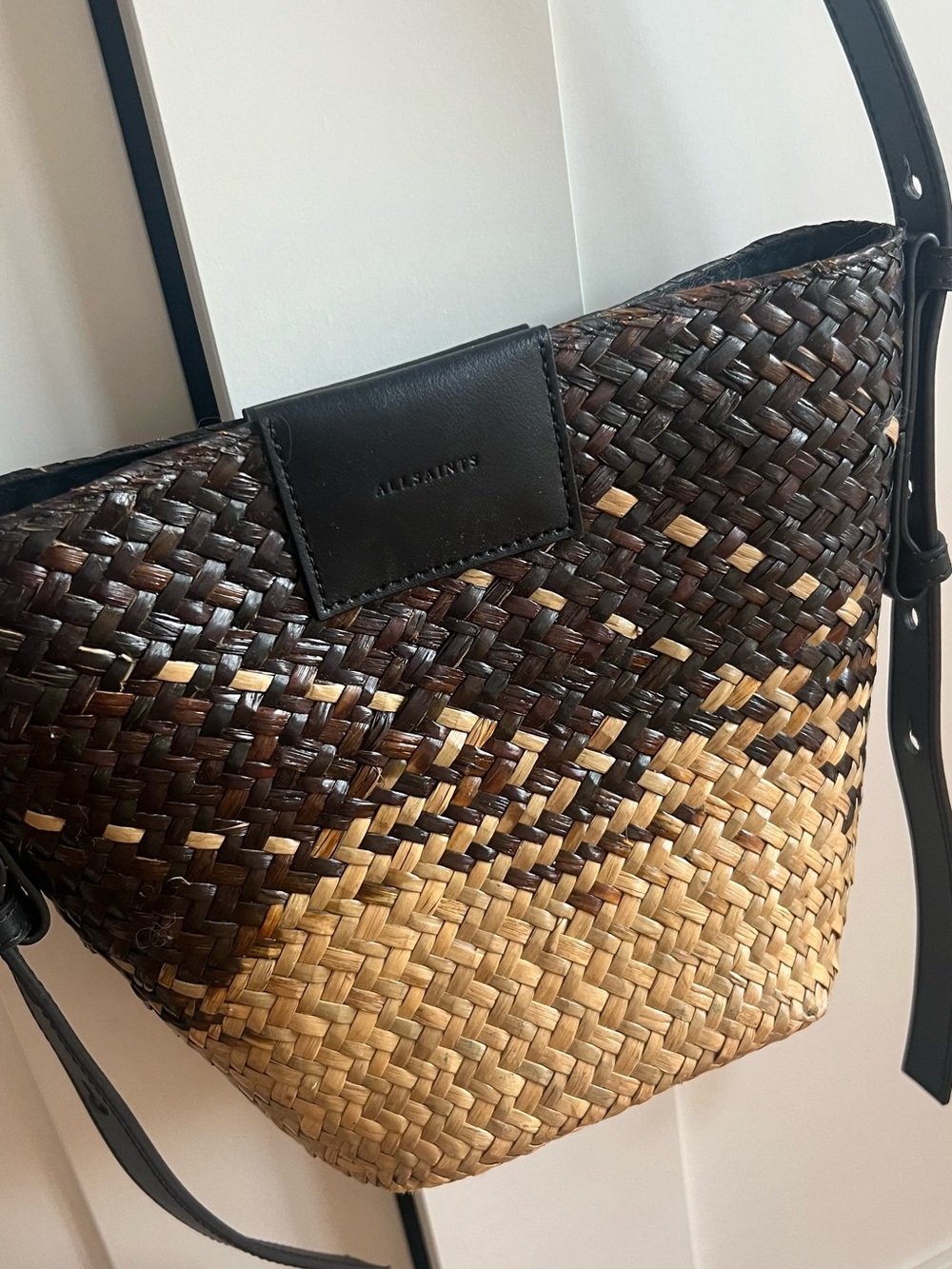 All Saints Two-Tone Woven Crossbody Bag in Brown and Natural